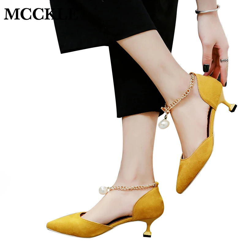 

MCCKLE Spring Women Fashion Metal Chain Bead Pumps Female Flock Buckle Strap Pointed Toe Strange Style High Heels Stiletto Shoes