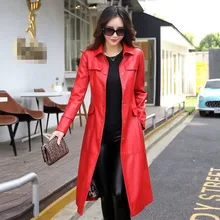 Весенне-осенняя Женская куртка из искусственной кожи, приталенный Тренч из искусственной кожи, Женская Длинная ветровка с поясом, черный, красный, зеленый