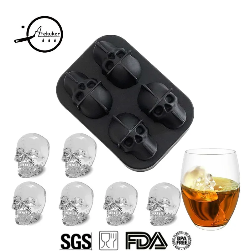 

Atekuker 3D Skull Head Ice Cube Mold Whisky Wine Ice Cube Tray Maker Silicone Forms Mold For Baking Cake Tools Ice Moulds
