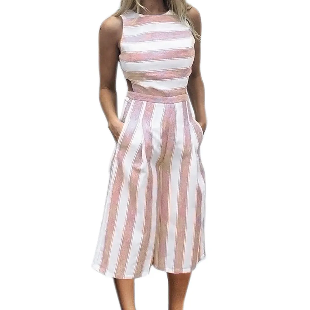 Для женщин пикантные Feitong Мода 2019 г. без рукавов полосатый комбинезон Повседневная Клубная одежда широкие брюки наряд combinaison femmeZ0325
