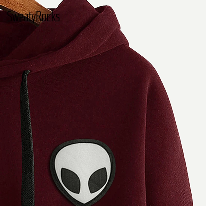  SweatyRocks Solid Casual Drop Shoulder Alien Print Hoodie Long Sleeve Pullovers 2018 Autumn Winter 