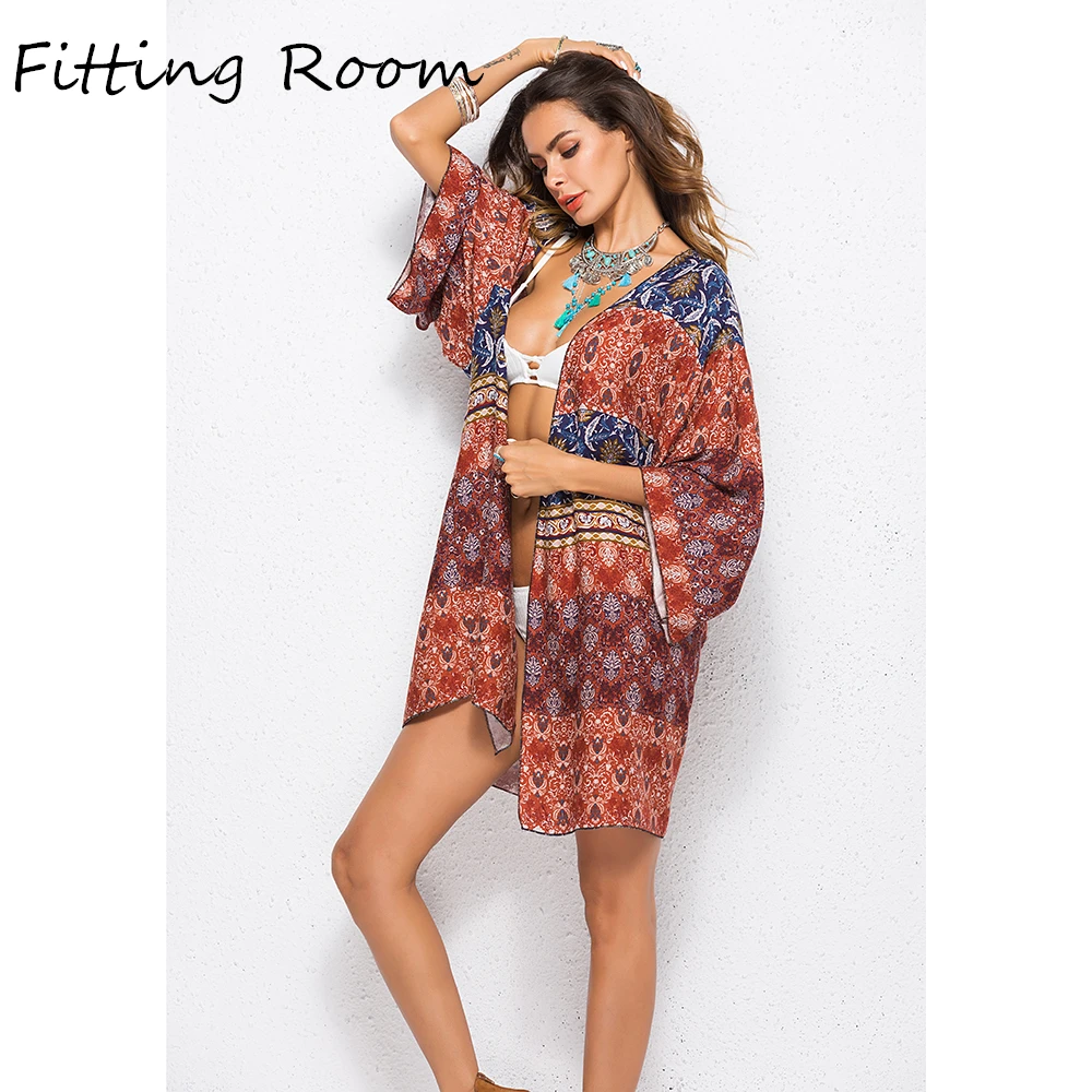 Boho Многоцветный цветочный принт Kimonos кардиган женский элегантный 3/4 рукав
