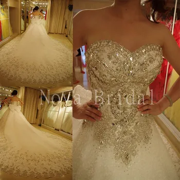 شراءالعرف فاخر فساتين زفاف الحبيب أكمام الدانتيل متابعة الرباط الخرز بلورات فساتين الزفاف Vestido دي Noiva IZ185