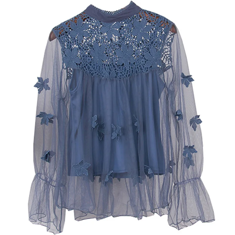 

HISUMA Women Summer Flare Sleeve Hollow Out Lace Flower Basic Shirt Elegant Slim High Waist Mesh Gauze Tulle Voile Blouse Tops