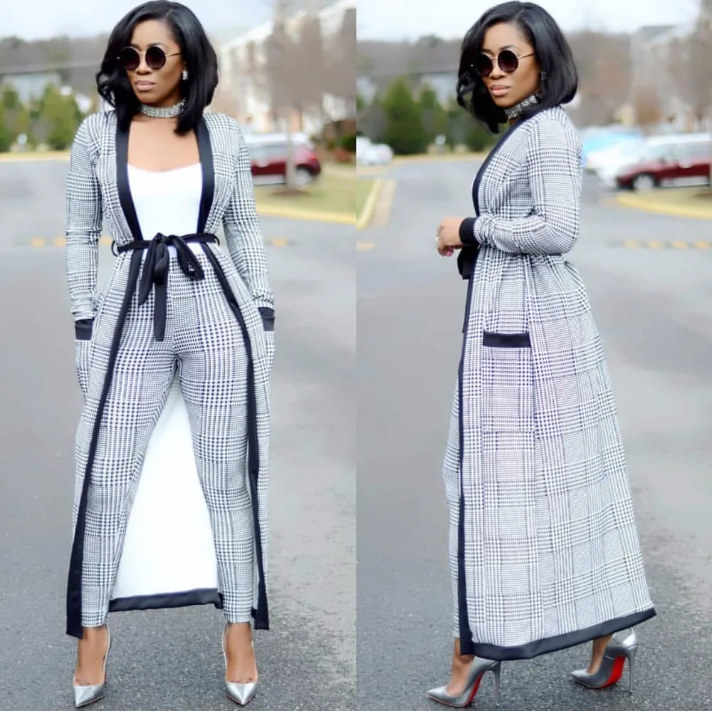 

2018 Plaid Print coat+tshirt+Pant Summer tracksuit Full Sleeve fashion sexy women's set Three pieces Jumpsuit suits casual AM257