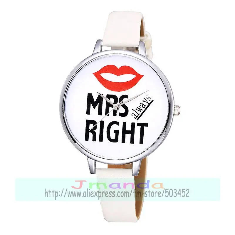 100 шт./лот модные часы red lip MRS right с кожаным ремешком MR усы серебристый корпус