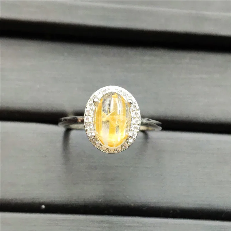 

10x8mm Natural Gold Rutilated Quartz Adjustable Ring Stone Crystal 925 Sterling Silver Woman Man Party AAAAA Stone Rings Jewelry