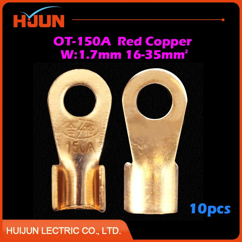 

10pcs/lot OT-150A 10.2mm Dia Red Copper Circular Splice Crimp Terminal Wire Naked Connector for 16-35 Square Cable