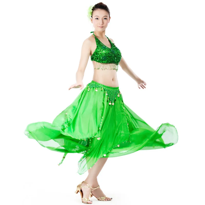 BELLYQUEEN 2 шт./компл. 15 цветов сцены Восточный танец Одежда для танцев Индийский платье практика костюмы - Цвет: Dark Green