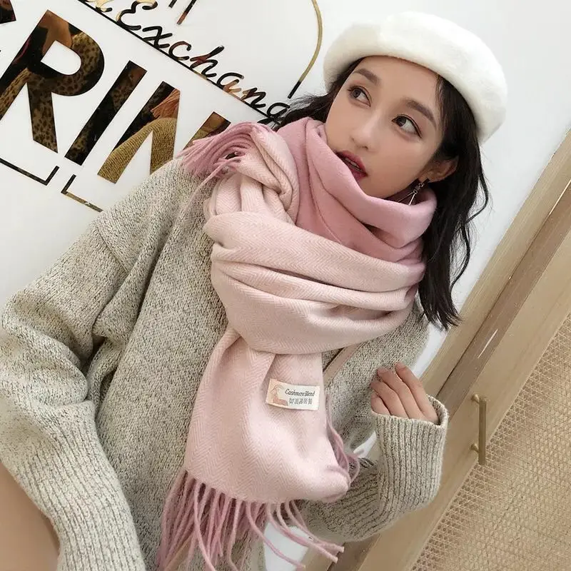 Дизайнерский зимний женский шарф, элегантные модные кашемировые шарфы для дам, толстые теплые высококачественные длинные женские шарфы с кисточками - Цвет: Розовый