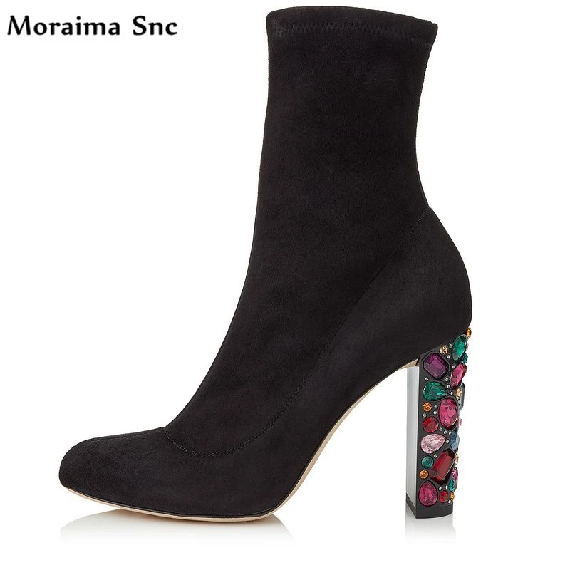 

Moraima Snc Brand Rome type boots vintage velvet Round toe high heel chic ladies sewing slip-on colorful Rivets studded heel
