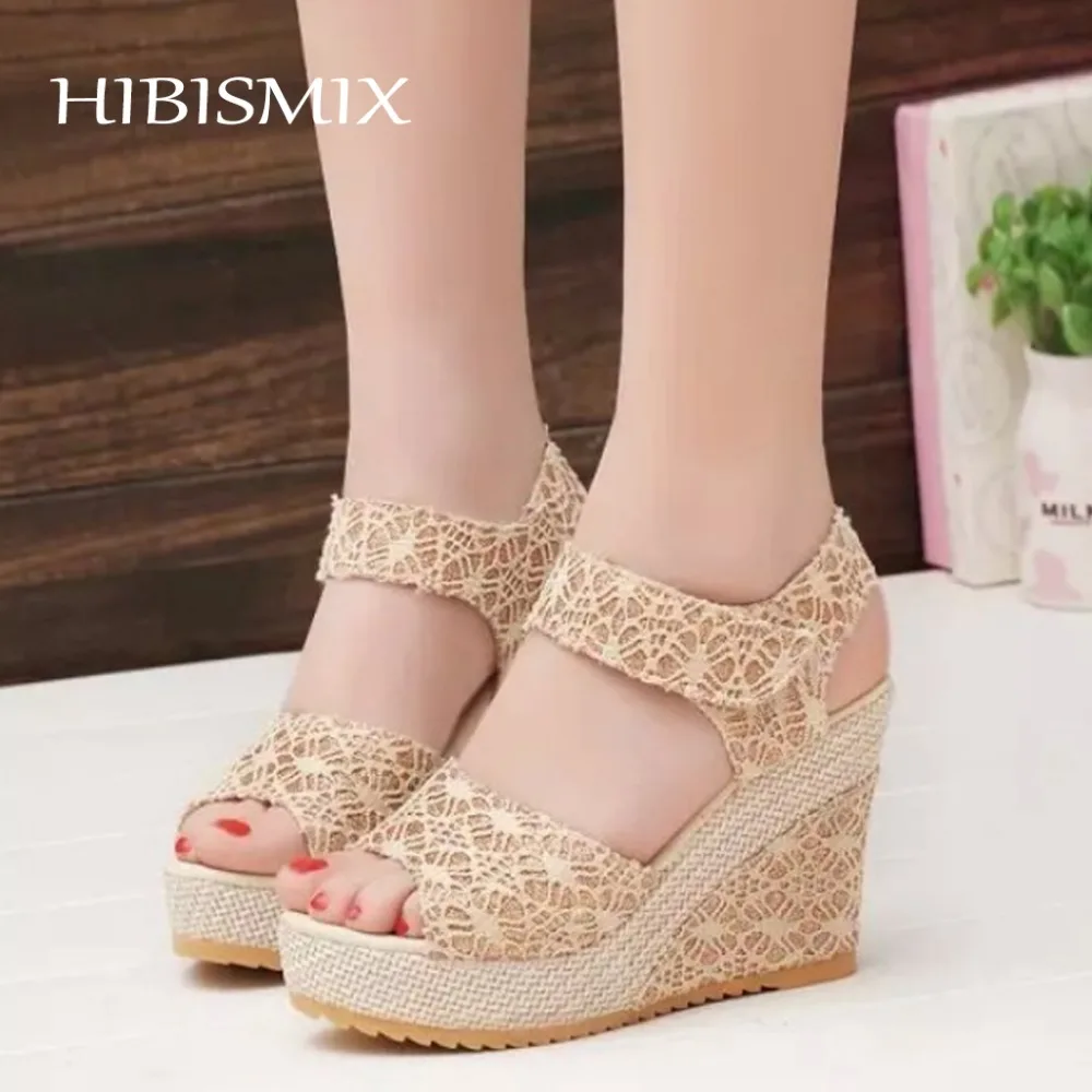 

HIBISMIX Women Wedges Sandals Fashion 2019 Summer Lace Platform Casual Hook Loop Sandals Women High Heel Shoes 2041
