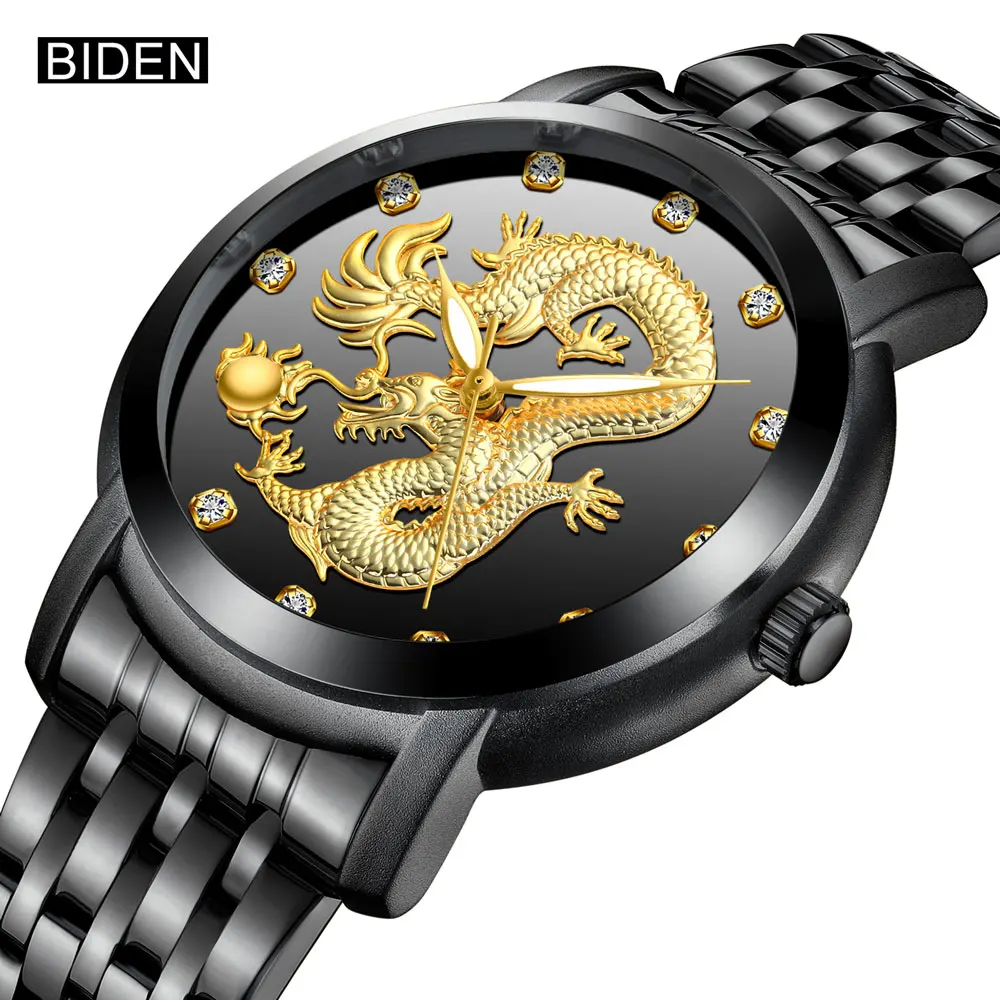 

BIDEN Luxury Quartz Wrist Watch 3D Gold Dragon Sculpture Men Full Steel Waterproof Watches Fashion Men Business Watch