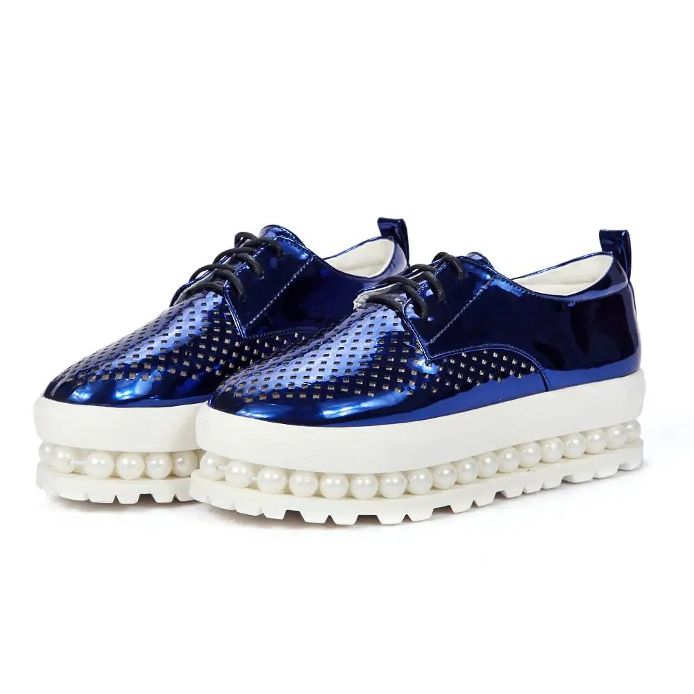 

2017 New fashion brand pearl cut-outs sneaker platform round toe increasing sexy PU street lace up wedges women casual shoes 52