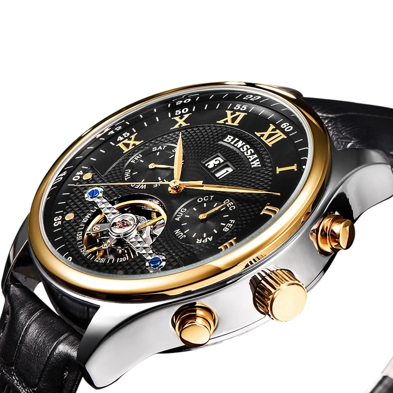BINSSAW جديد الرجال جلدية ووتش المعصم الأصلي الفاخرة أعلى العلامة التجارية كبيرة التلقائي الأزياء الرياضية ساعات آلية Relogio Masculino