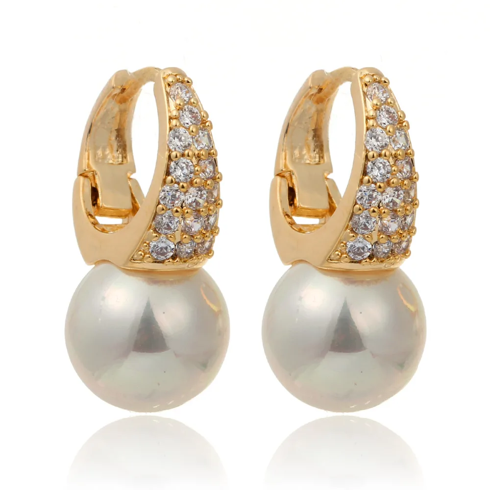 Gold Color Cluster Clear CZ Crystal White Faux Pearl Drop Huggie Small