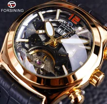 Forsining Convex Glass Stylish Tourbillion 3D Designer Genuine Leather Strap Mens Watches Top Brand Luxury Automatic Watch Clock