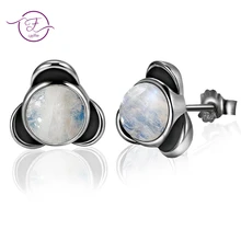 Elegante Rodada Naturais Moonstone Brincos 925 Prata Esterlina Jóias Para As Mulheres de Casamento da Festa de Noivado Aniversário(China)