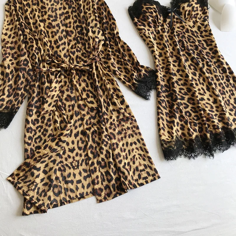 Леопардовый комплект из 2 предметов, атласный женский халат, кимоно, халат, платье, сексуальная Интимная Повседневная Ночная рубашка, одежда для сна с кружевным поясом, домашняя одежда, ночная рубашка