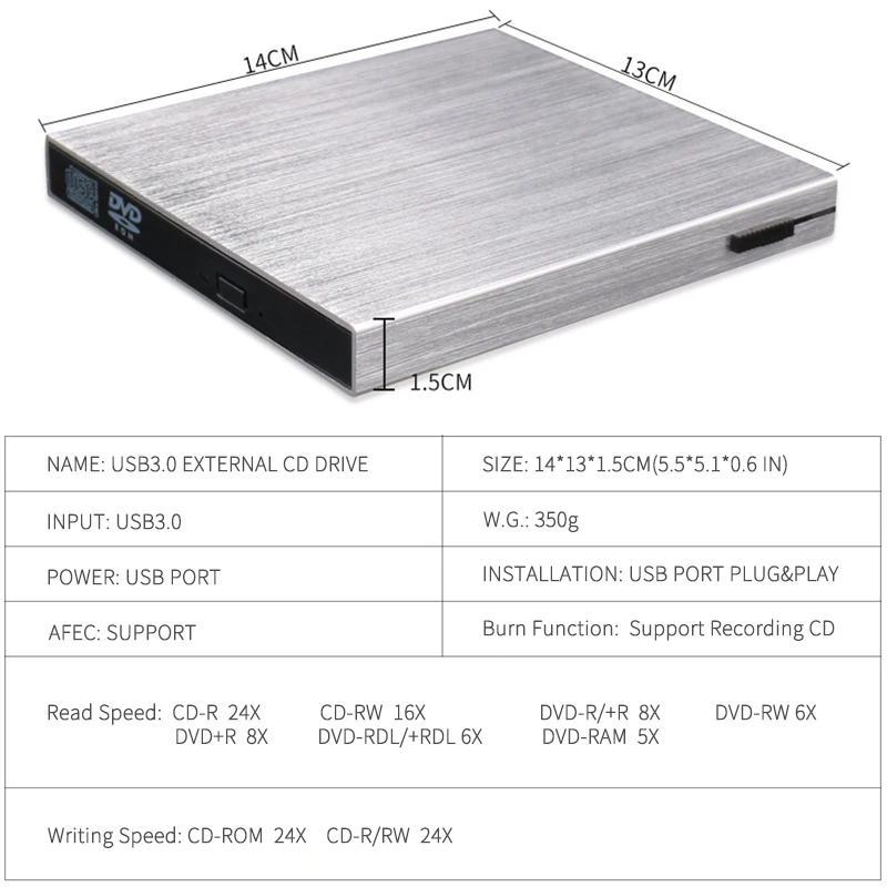 Внешний CD DVD rom Оптический CD плеер USB 3,0 горелка тонкий портативный ридер плеер портативный для портативных ПК