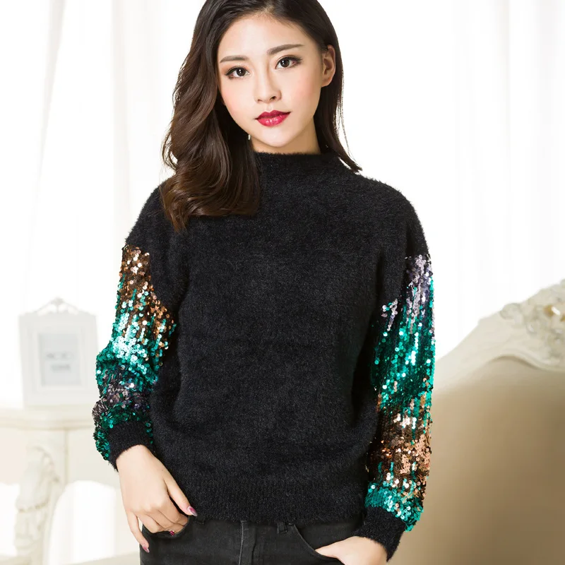 

Qooth 2019 Winter Lady's Sweater Sequins Long Sleeve Patchwork Pullover Fashion Mohair Turtleneck Knitted Sweaters Women QH1895