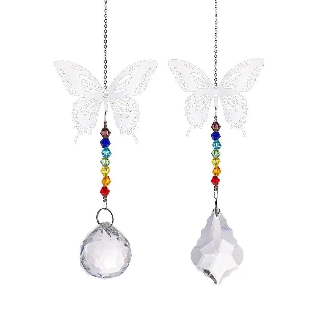 

metal Butterfly Christmas Pendant Window hang Chandelier Prisms Rainbow Beads Chakra Suncatcher for wedding Home Decor