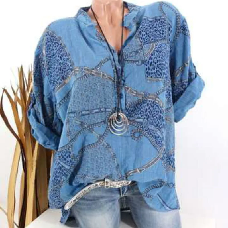 

Women Casual Loose Simple Button Cotton Tops Long Sleeve Tunic Blouse Flower Print Shirts V Neck Daily Clothes Plus Size S-5XL