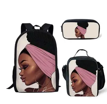 

3pcs Set African Women Backpack Kids Schoolbag Polyester Student Daily School Bag Black Art Girl Bagpack