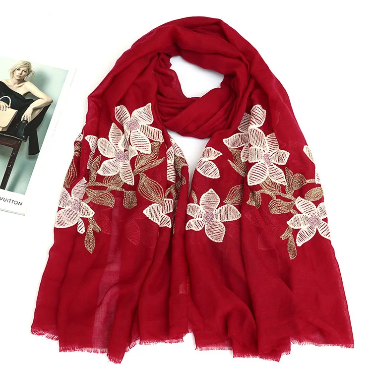 Женский вышитый шарф из вискозы с цветочным принтом большого размера, осенне-зимние теплые хлопковые шарфы и палантины для девушек, хиджаб с вышивкой, шаль 90*180 см