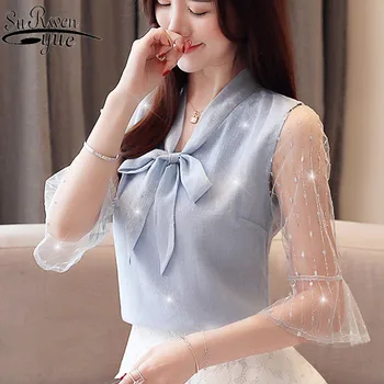 

Blusas mujer de moda 2019 bow chiffon white shirts women tops Solid V-Neck Flare Sleeve ladies tops blouse for women 4954 50