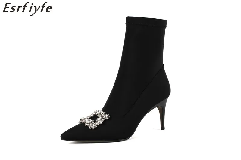 

ESRFIYFE New Stretch Fabric Mid Calf Boots for Women Thin High Heels Pointes Toe Solid Genune Leather Hoes Woman Winter Plush