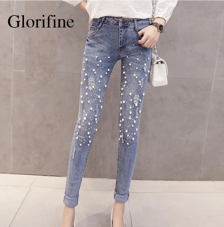 Женские джинсы карандаш gloridine винтажные обтягивающие со стразами и