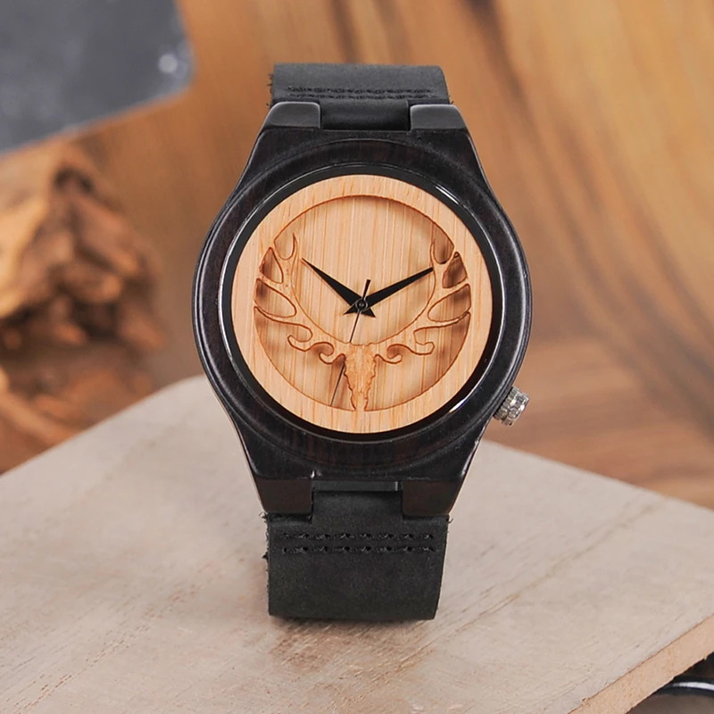 BOBO BIRD Hollow Skeleton Engraved Deer Head Bamboo Wood Watch Japan Movement 2035 Quartz Watch with Leather Strap for Mens
