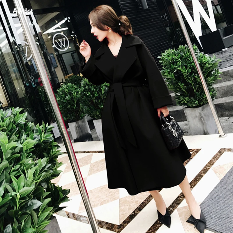 AAdct 2018 Autumn and winter new Korean women's coat long lapels female blends coat waist waist coat to send belt Coats