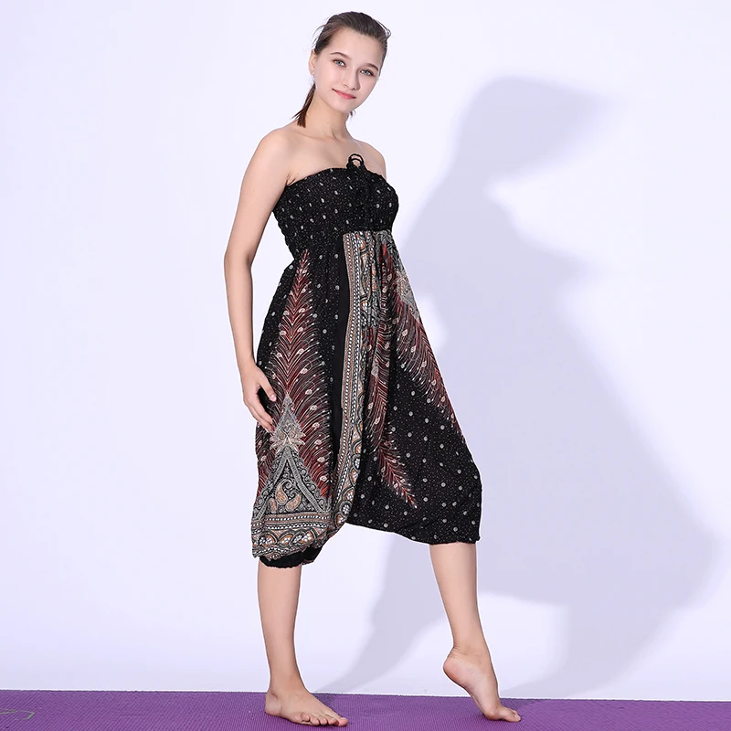 

NORMOV Women Fashion Beach Bohemian Pants Plus Size High Waist Cross-Pants Loose Peacock Feather Printed Trousers Women 7 Colors