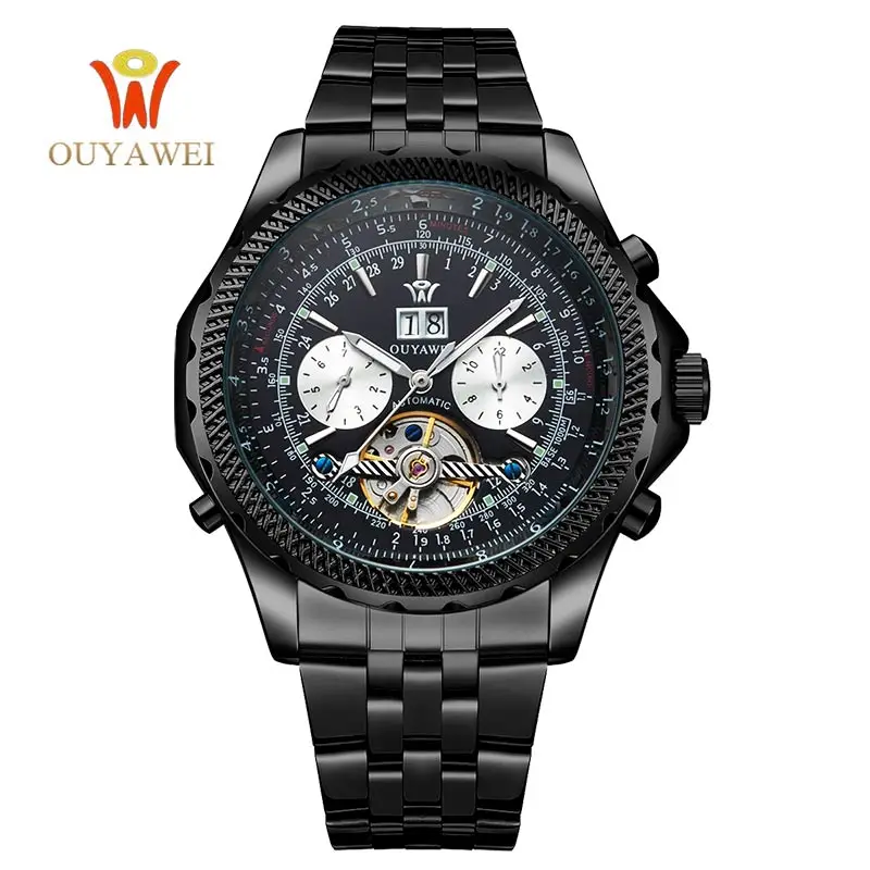 OUYAWEI, мужские деловые часы, люксовый бренд, деловые автоматические полые турбийон, мужские часы с датой, наручные часы, Relogio Masculino - Цвет: black
