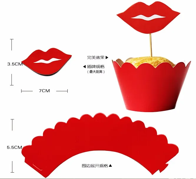 120 шт./партия, Детские упаковки для кексов с красными губами, украшения для торта на день рождения или вечерние(60 шт. обертки+ 60 шт. топперы