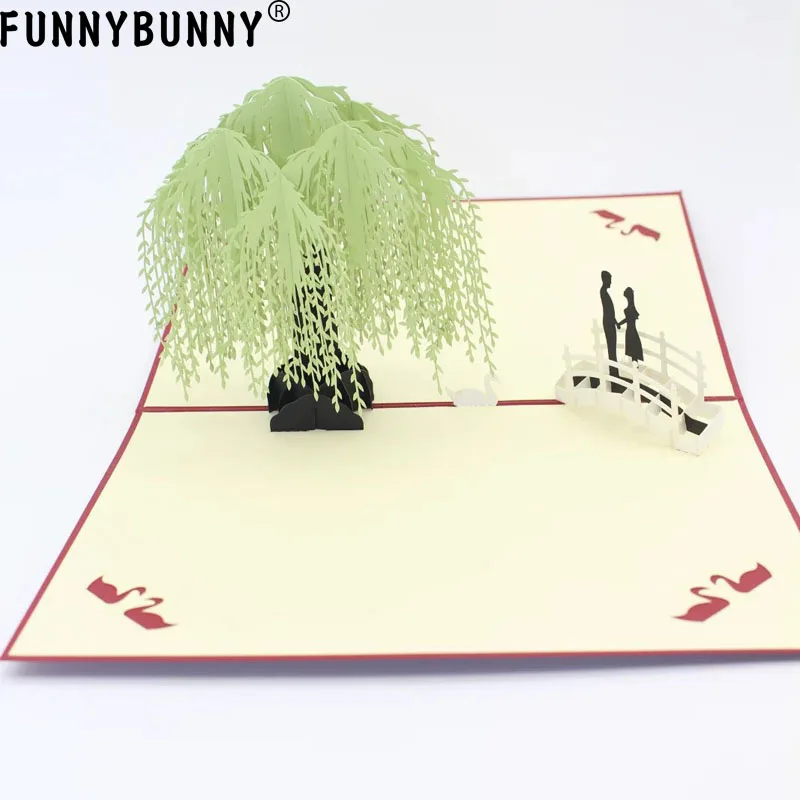 

FUNNYBUNNY 3D Handmade Greeting Card Postcard Birthday Blessing Christmas Card Red Cover Willow Tree