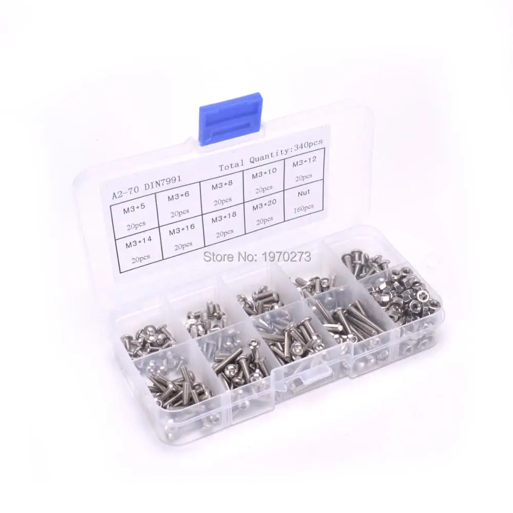 

340pcs/set M3 Button Head Hex Socket Screw Bolt Nut Stainless Steel M3 Screws Nuts Assortment Kit Fastener Hardware For RC Parts