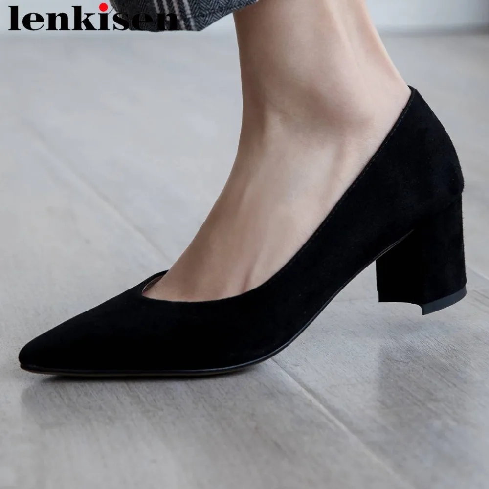 

Lenkisen 2019 new arrival British style chunky heels slip on full grain leather model runway women pumps dance dating shoes L81