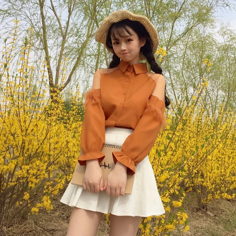  Korean Sweet Mesh Women Shirts Vintage Collar White Lace Stitching Chiffon Tops Off Shoulder Clothe