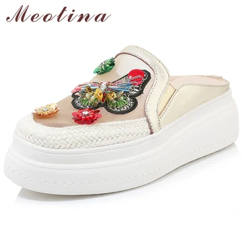 

Meotina Women Slides Summer Mules Shoes Natural Genuine Leather Flat Platform Shoes String Bead Mesh Slippers Lady Sandals 34-39