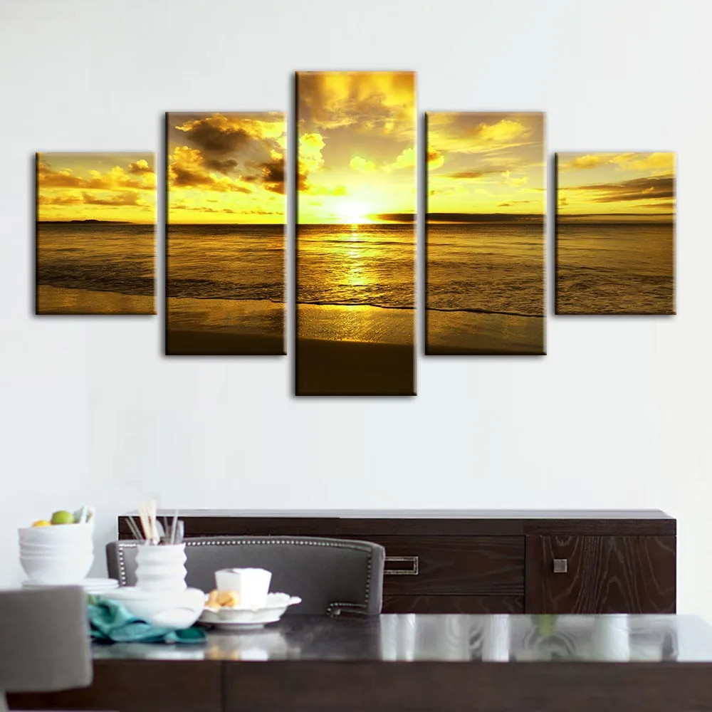 Canvas Wall Artwork Home Decorative HD 5 Panel Sea Sunset Printed Poster Painting Modern Modular Type For Living Room Framework | Дом и сад