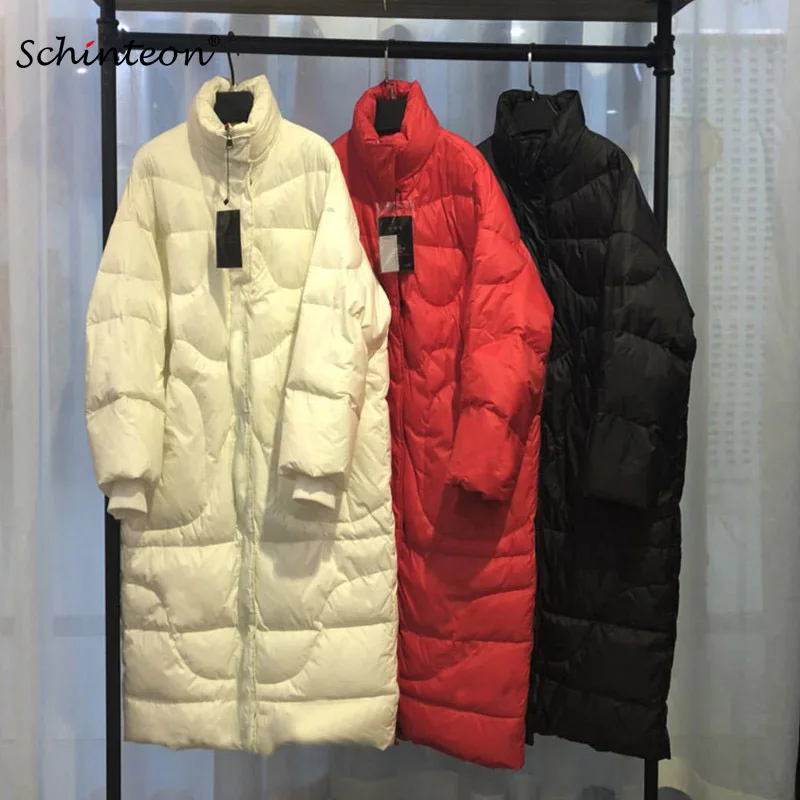 

2018 Schinteon New Long Down Jacket Loose Winter Warm Over Size Outwear Black White Red Big Size Couple Clothing