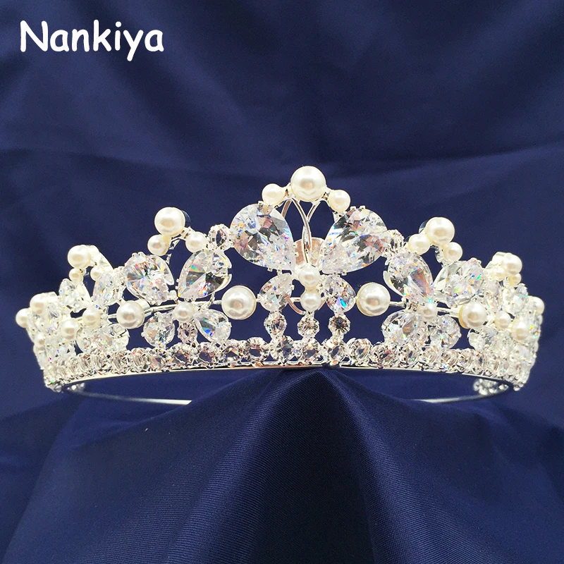 

Nankiya Brides Wedding Tiara Luxury Butterfly Imitation Pearl Stunning Zircon Princess Crown Coronet Birdes Hair Jewelry NT3447