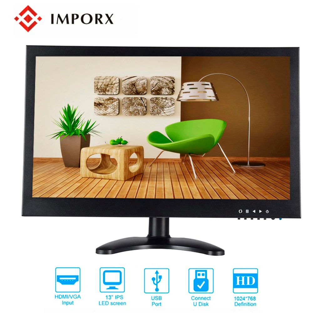  IMPORX 13 inch TFT LCD Monitor 720P with VGA HDMI AV BNC USB for PC CCTV Security Camera Portable H