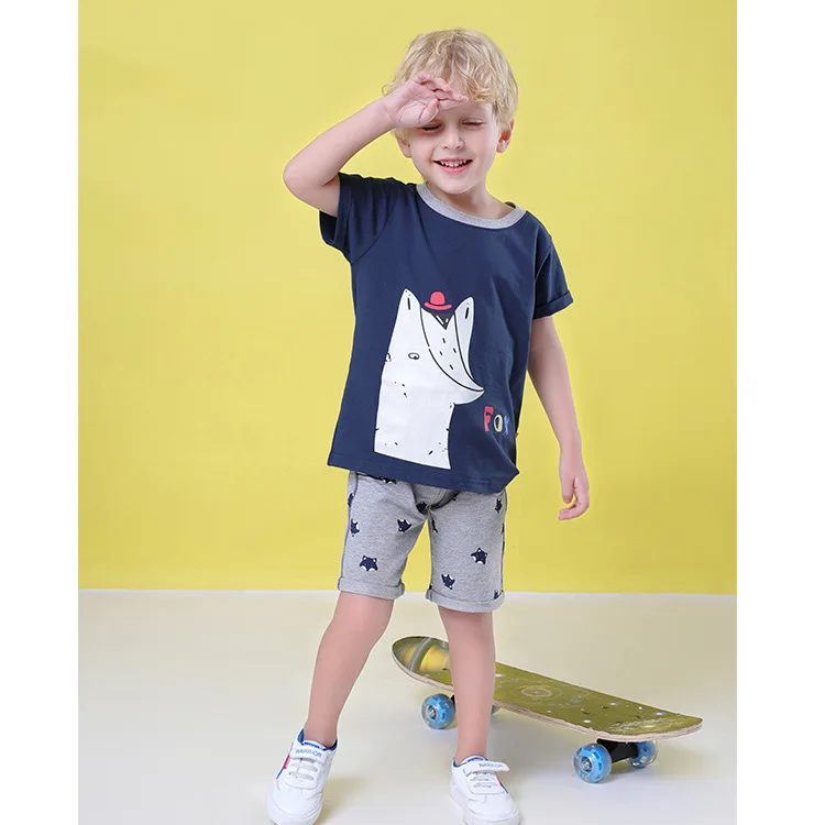 

2019 Summer Boys Clothing Blue Cotton Cartoon Fox Printing T-shirt Grey Printing Shorts 2 Piece Set Little Boys Clothes Sets