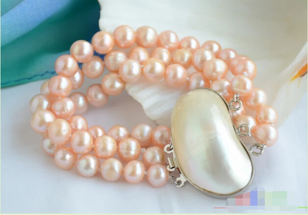 

P4845 3row 8" 9mm round pink freshwater pearl bracelet mabe clasp @^Noble style Natural Fine jewe SHIPPING new >>free shipping