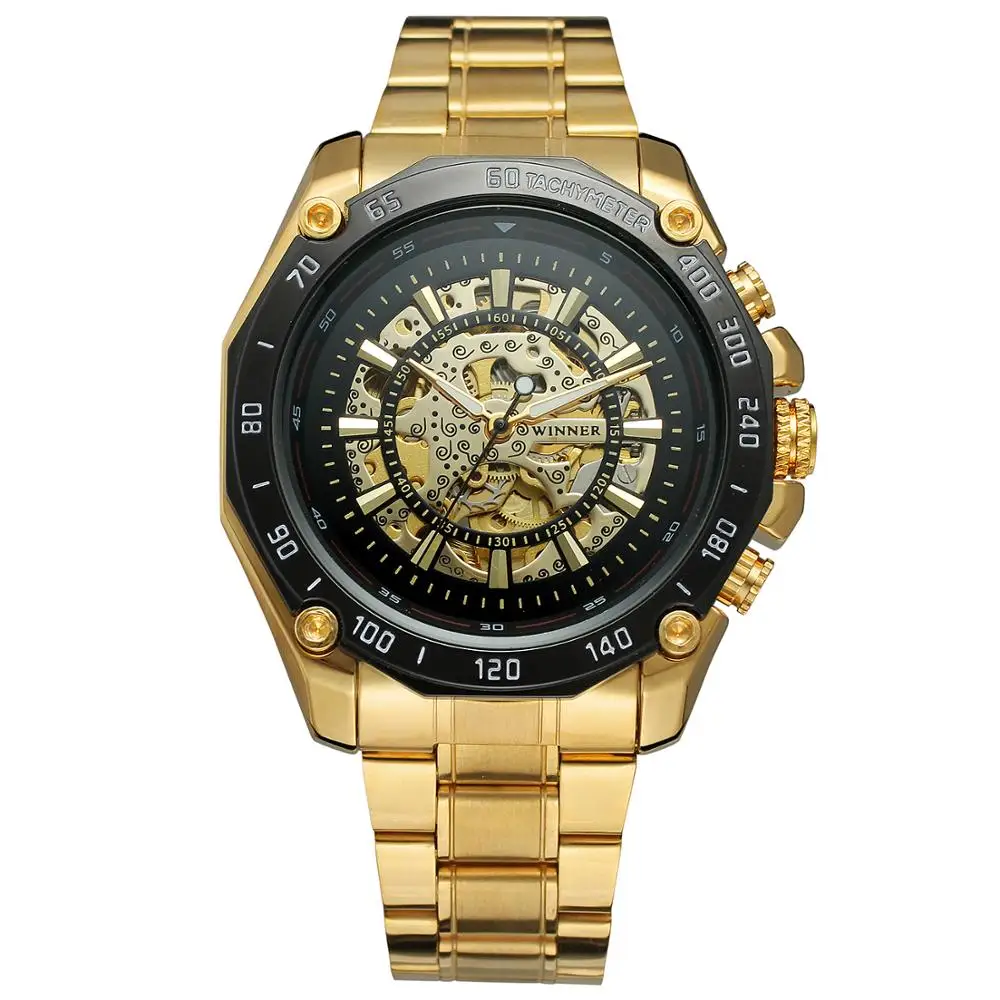 

Forsining Fashion trend black and gold hollow creative three pointer steel belt automatic mechanical men's wrist watch