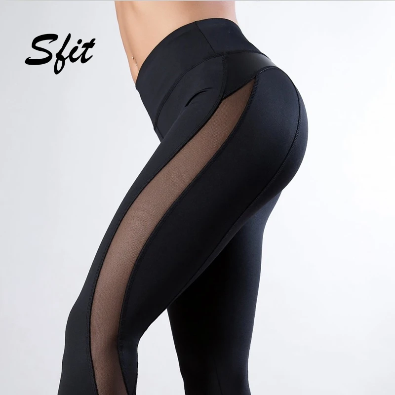 

Sfit Women Mesh Leather Leggings Fitness Workout Patchwork Running Stretch Yoga Leggings HIgh Waist Slim-Fiting Sweatpants 2019